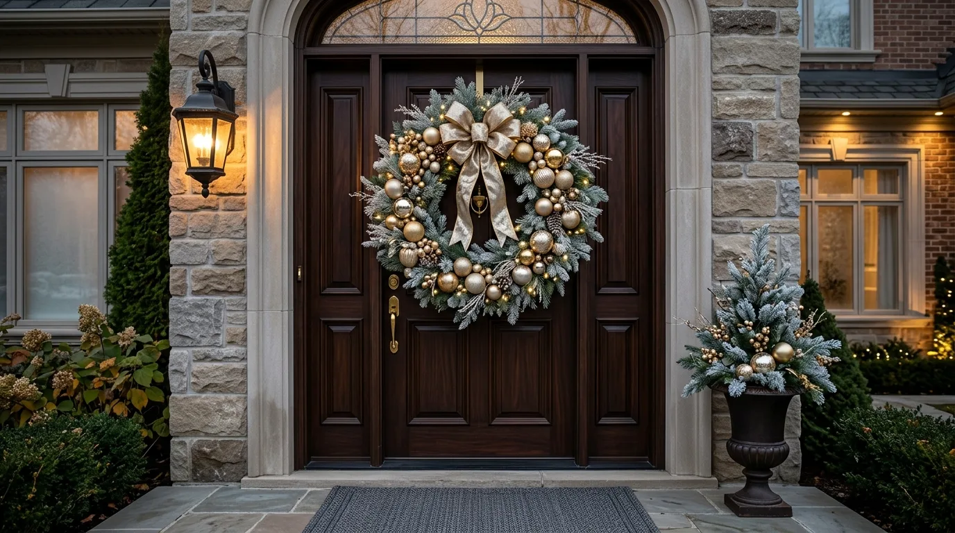 Use velvet ribbon only where it adds softness and focus inspiration for a front door wreath display.